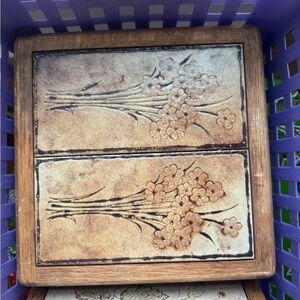 Vintage 70s Trivet Floral Ceramic in Wooden frame